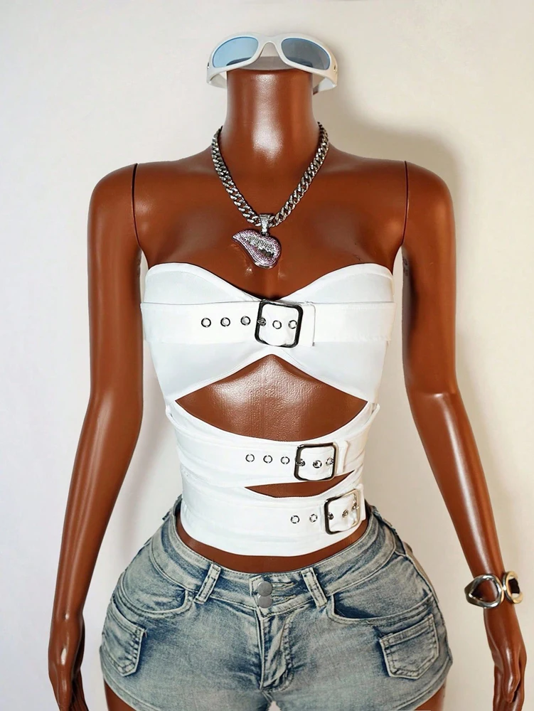 Hot Girl Y2k Woman Tops Summer Sexy Fashion Street Buckle Detail Hollow Out Fitted Sleeveless Crop Tube Top Female Streetwear