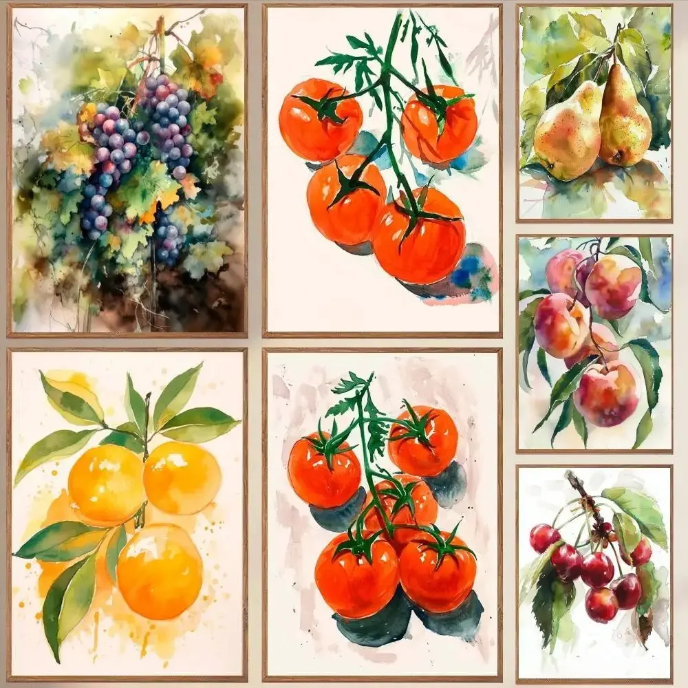 Kitchen Fruit Pineapple Peache Pear Watercolor Poster Self-adhesive Art Waterproof Paper Sticker Room Wall Decor