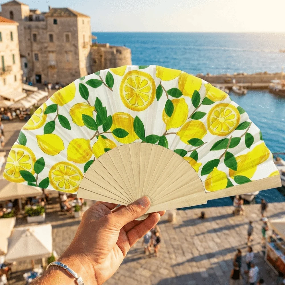 Fashion Lemon Print Folding Hand Fan Wooden Handle Creative Chinese Style Fan Portable Delicate Handheld Fan Photography