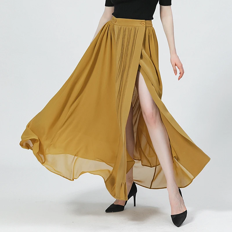 100% Pure Mulberry Silk Champagne Yellow Button Three-dimensional Fold Asymmetric Wild Office Lady Summer Skirts Womens CE96