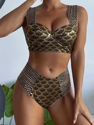 Biquíni feminino com costura metálica, Push Up, maiô estampado dourado, maiô feminino de cintura alta, maiô, moda praia, 2022