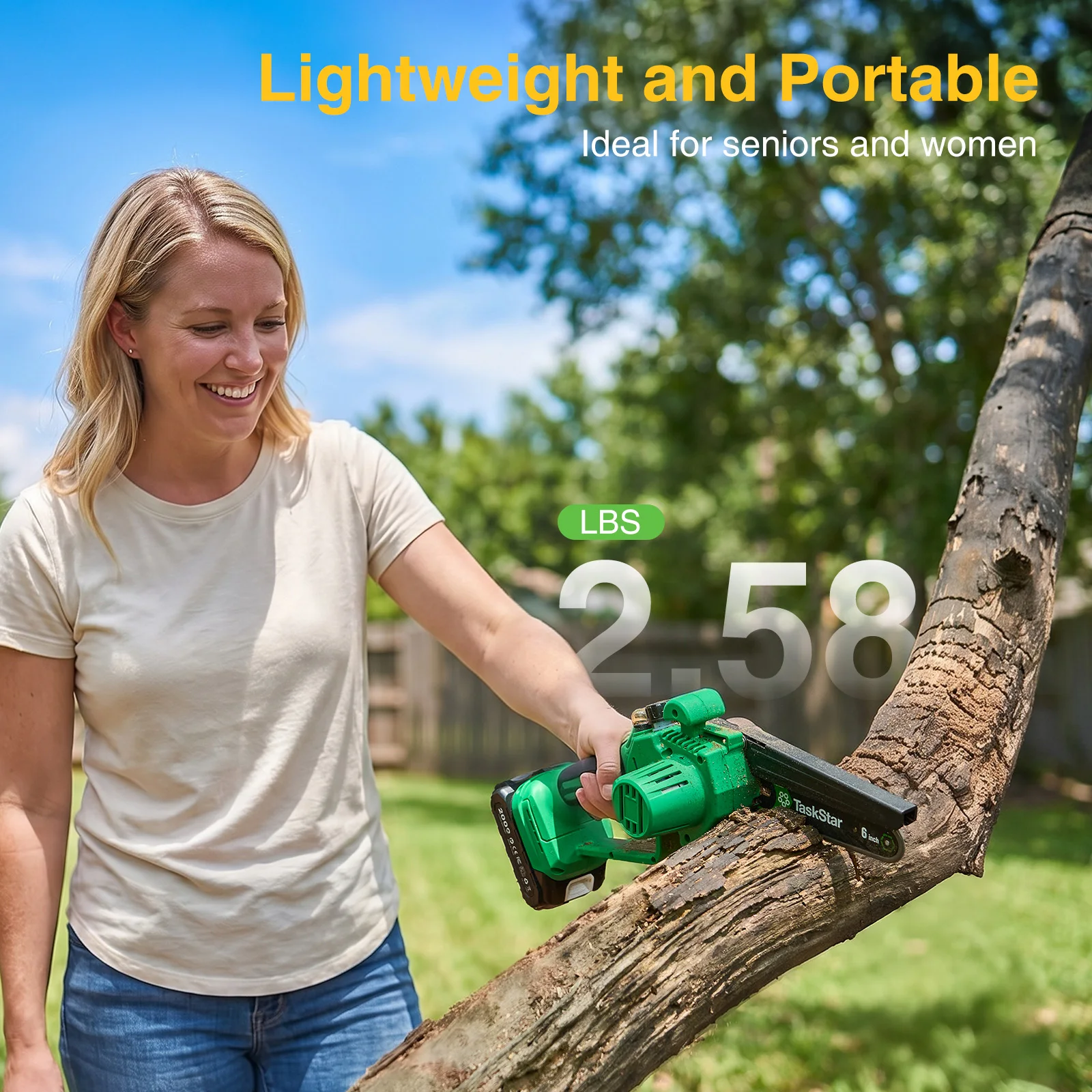 TaskStar 6-Zoll-Mini-Kettensäge, 700 W, Bürstenmotor, handgeführte elektrische Säge, manuelle Ölförderung, Gartensäge zum Beschneiden von Bäumen und zum Holzschneiden. für Makita 18V Akku-Pin – Detail 7