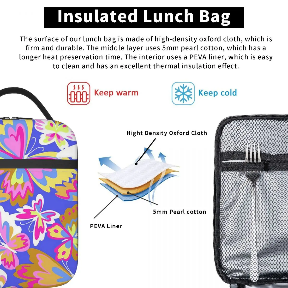 Colorful Butterfly Insulated Lunch Bag for Women Children Portable Food Boxes Thermal Lunch Box Tote