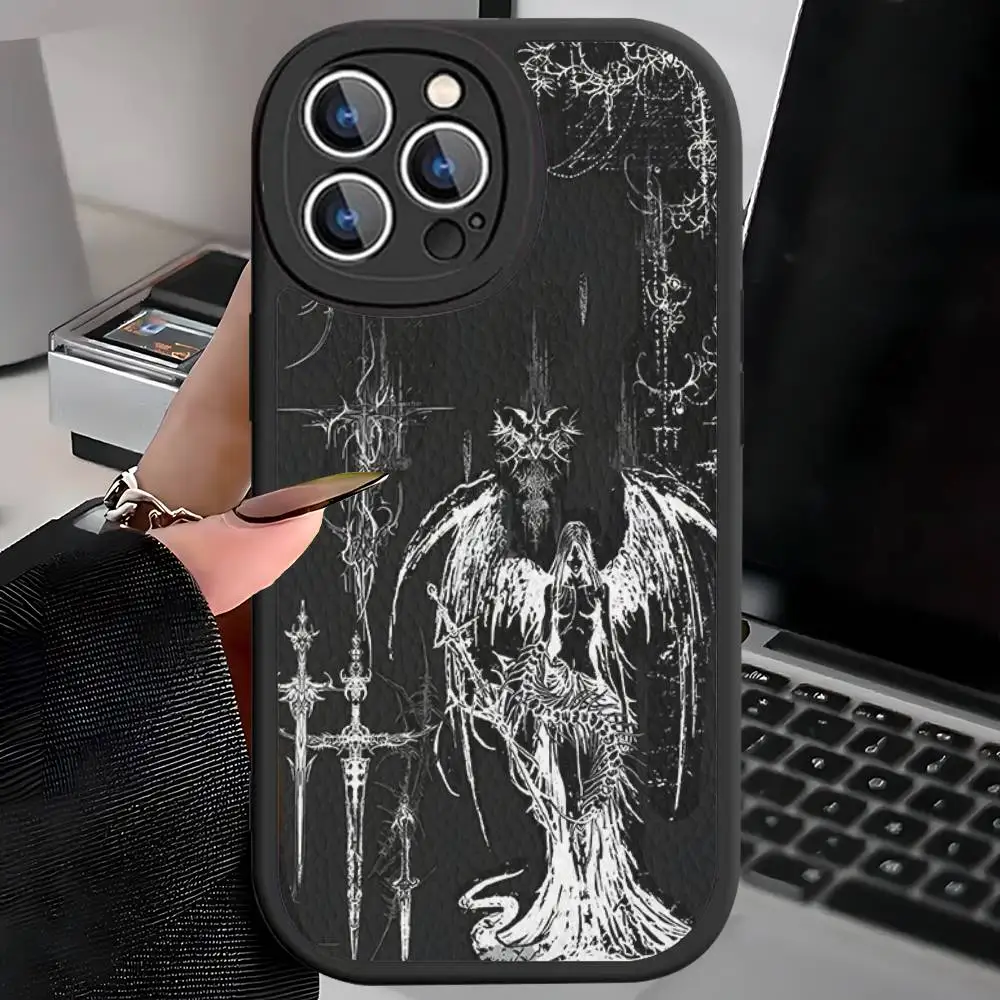 حافظة لهاتف آيفون 16 15 14 11 12 13 Pro Max Plus من الجلد الخلفي على الطراز القوطي Cyber Sigil