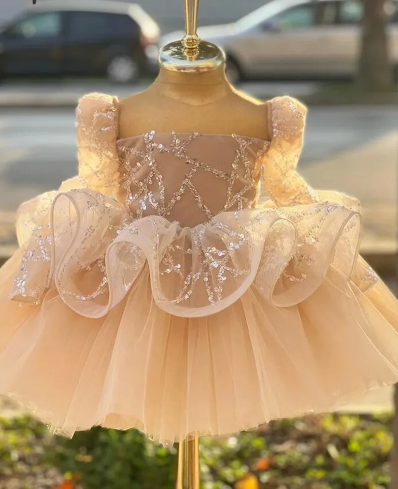

Puffy Tulle Gown Champagne Flower Girl Dresses with Long Train Princess Dress Girl Wedding Party Dress First Communion Dress