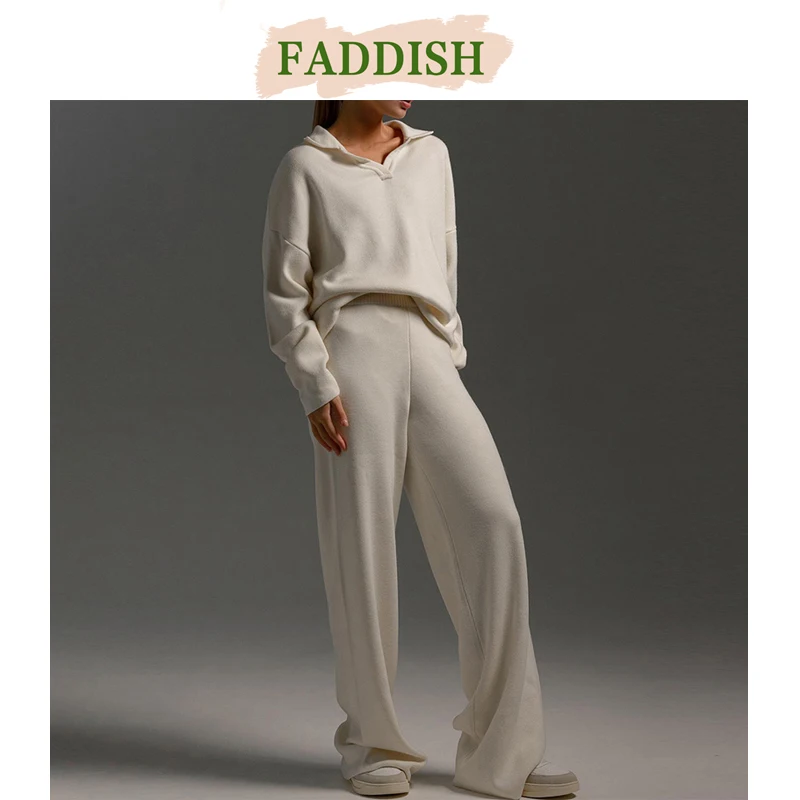 FADDISH 2024 Autumn Winter Women Fashion Long Sleeve Knitted Pullover Sweater + Solid Color Casual Wide Leg Pants Sets Female