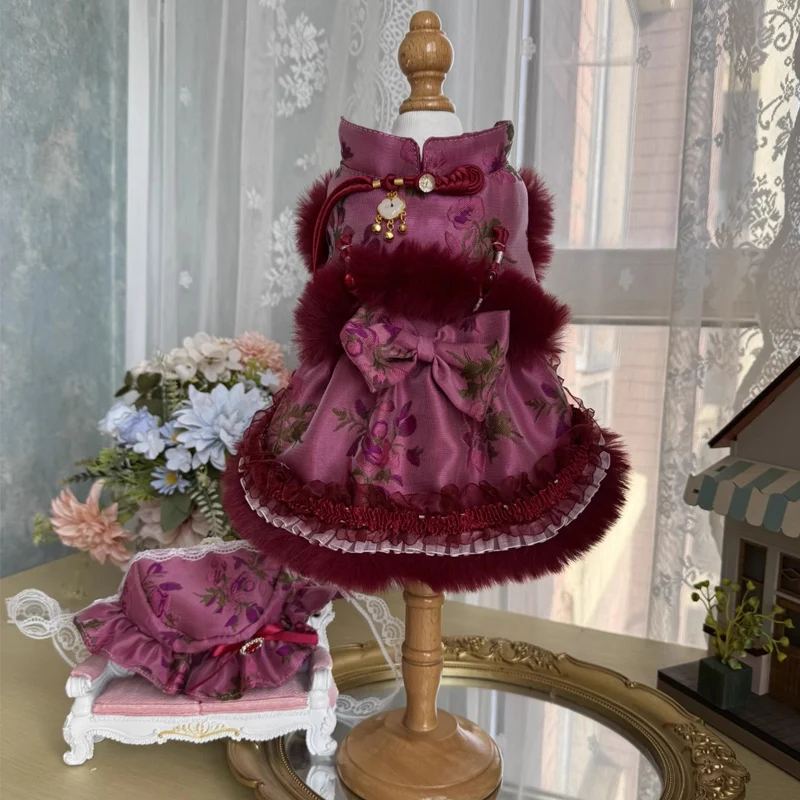 

Luxury Retro Chinese Style Pet Dog Clothes Flower Embroidery Plush Satin Princess Dress For Small Medium Dog Winter Puppy Skirts