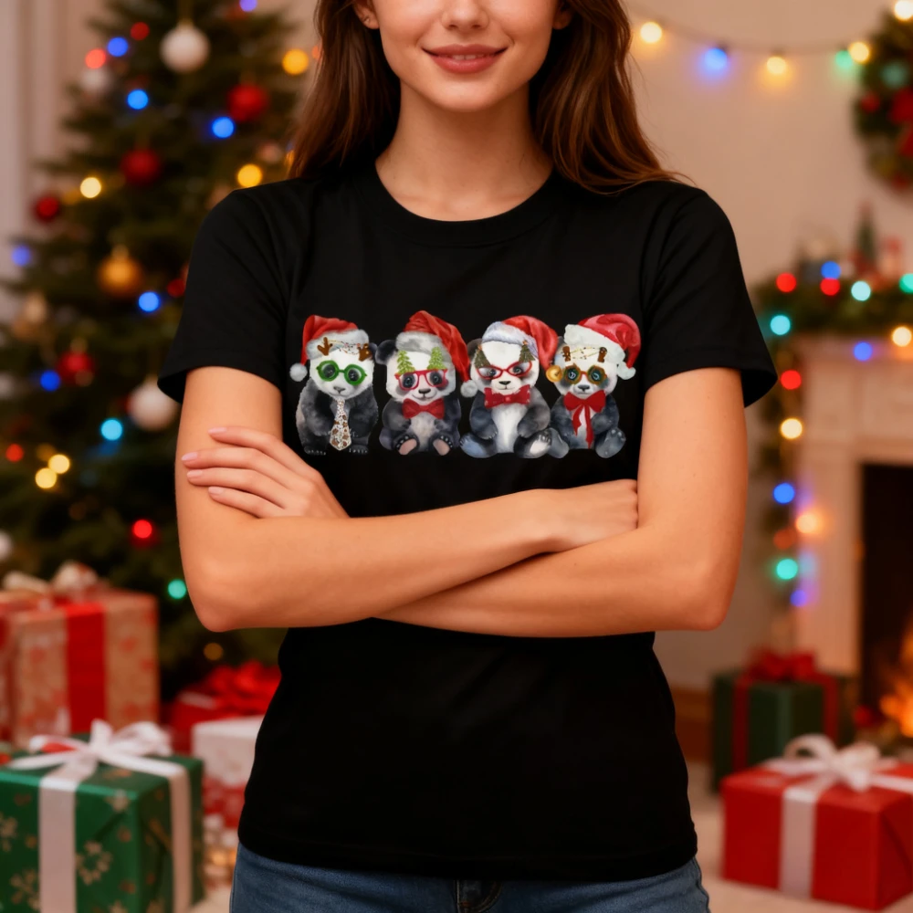 

Рождественский свитшот с пандой, Рождественская рубашка с милой пандой, подарочная футболка для любителей панды, забавная рождественская женская повседневная футболка, топы для повседневной жизни