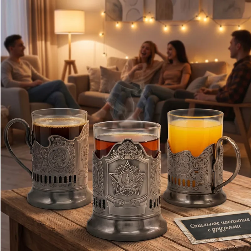 New Russian Iron Teacup European Hollow Water Cup Commercial Creative Glass Red Teacup Nostalgic Thermal Insulation Metal Shell