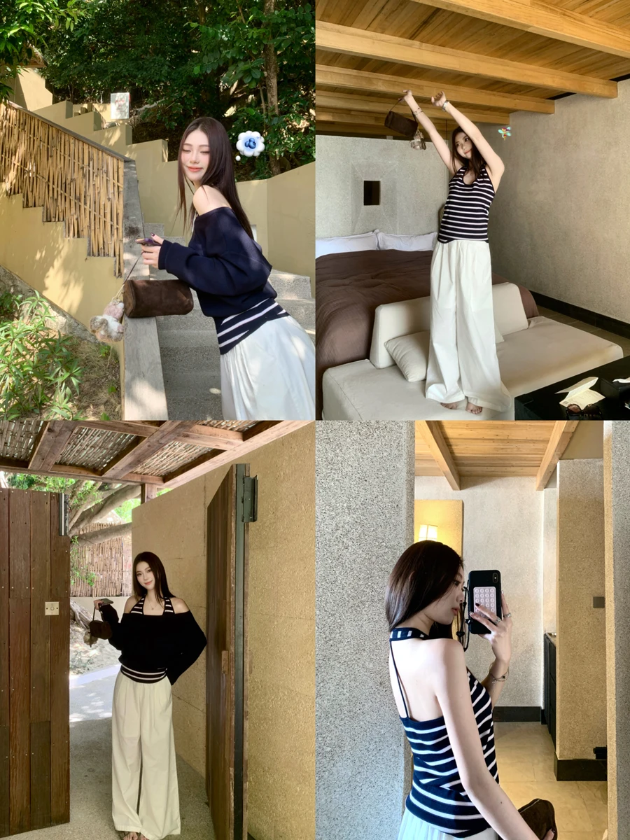 

Полосатый вязаный комплект из двух предметов с цветными блоками: женский топ на одно плечо и модный жилет с вырезом халтер для весеннего образа