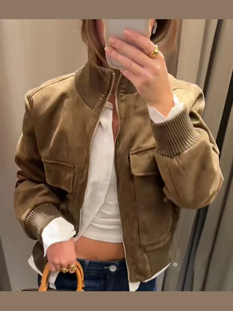 Schicke Jacke aus Kunstwildleder mit geripptem Bündchen für Damen, Retro-Stehkragen, Taschen, Reißverschluss, elastische Taille, Herbst-Alltags-Streetwear 2026 – Detail 13