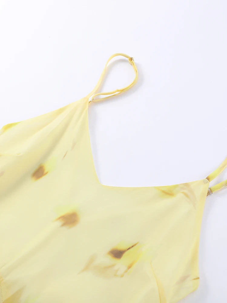 Żółty nadruk V Neck Sling Maxi Dresses Women Elegant Sleeveless Backless High Waist Pleated Long Dress 2025 Summer New Lady Robe