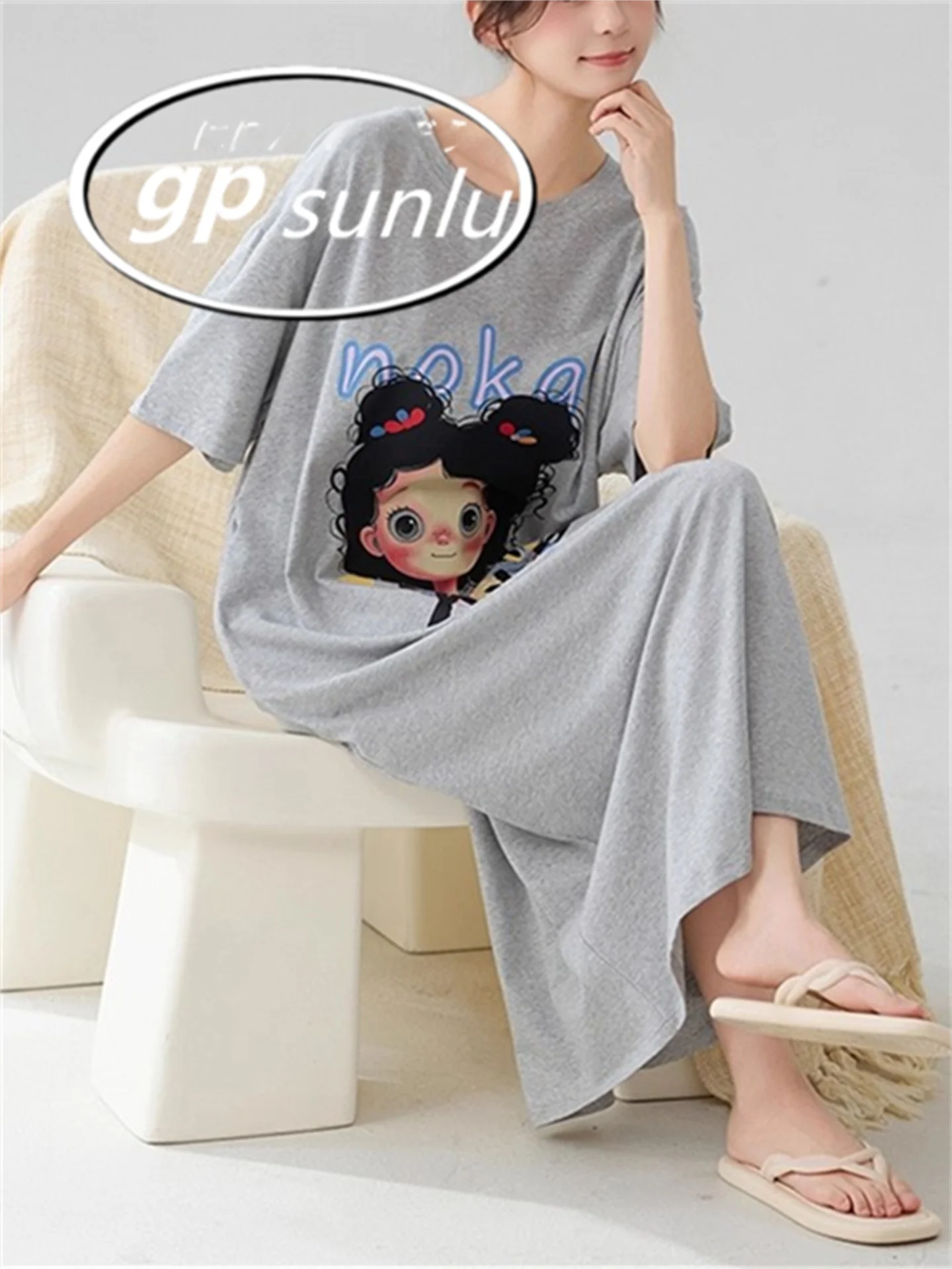 plus Size Summer Sleepwear Women's Pure Cotton Short Sleeve Long Dress Cute Cartoon Loose Casual Home Clothes GP 