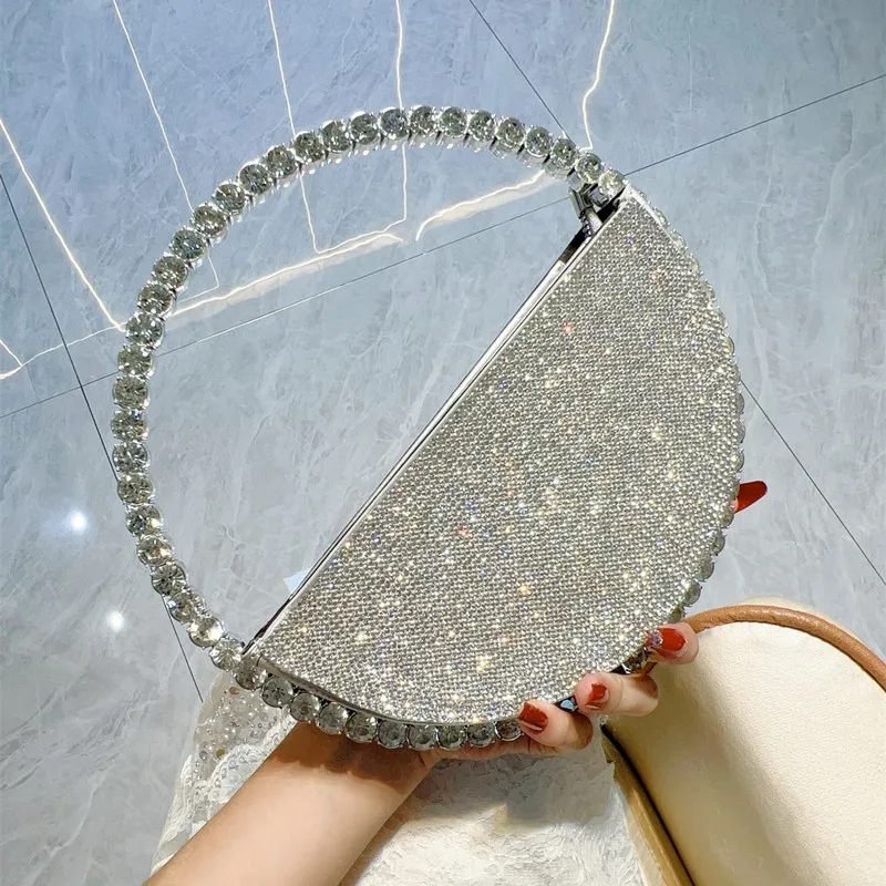 

2025 Luxury Designer Diamonds Round Handle Women Evening Clutch Bag Wedding Party Handbag New Fashion Rhinestones Shoulder Bag