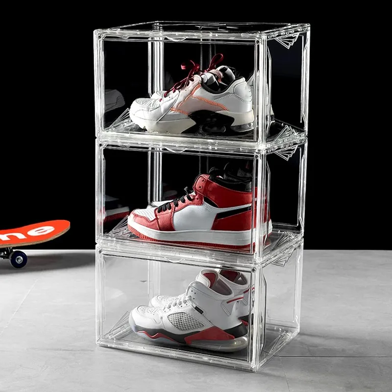 3-Pack Clear Shoe Boxes Stackable Plastic Sneaker Box Container, Magnetic Side Open Shoe Organizer and Shoes Storage Case