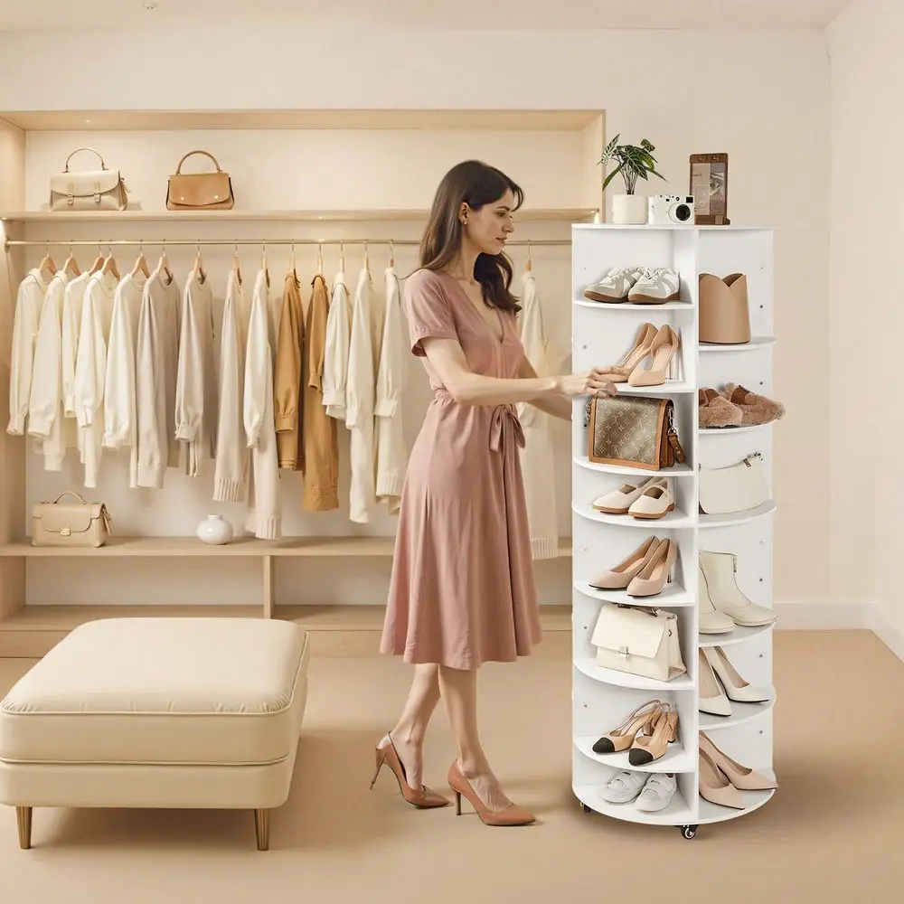 Tier Rotating Shoe Rack Tower With Adjustable Shelves, Movable 360 Spinning Carousel Display With Wheels, Lazy Susan Organizer