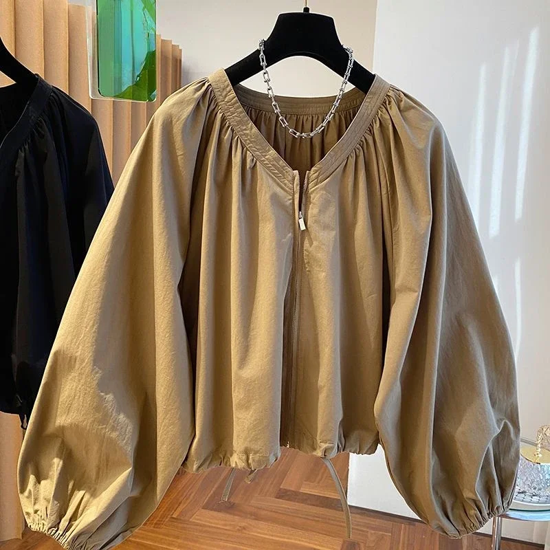 Fashion Elegant Coats Solid Color Zipper V Neck Long Sleeve Draw String Spring Autumn Jackets Casual Loose 2024 Women's Clothing