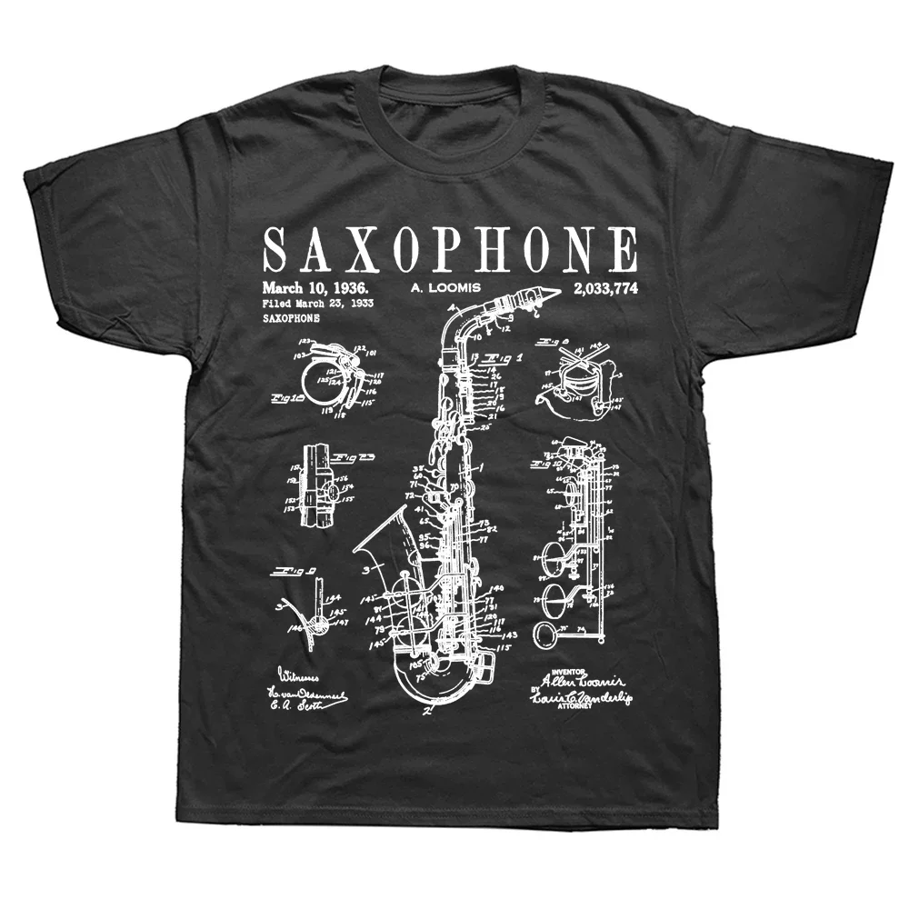 Funny Saxophone Patent Blueprint Musical Instrument Music T Shirts Graphic Cotton Streetwear Short Sleeve Birthday Gifts T-shirt