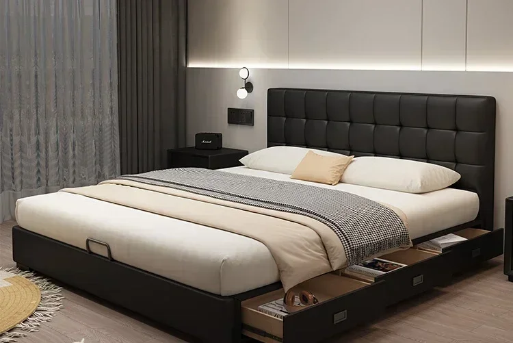 

Thin bedside master bedroom leather bed small apartment atmosphere simple modern high box storage double black bed