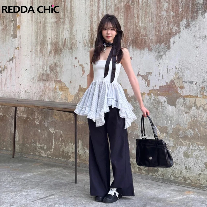 

ReddaChic стиль бандо в полоску нерегулярный женский топ летний жилет без рукавов струящийся корсет с рюшами по подолу Rave Festival летняя одежда