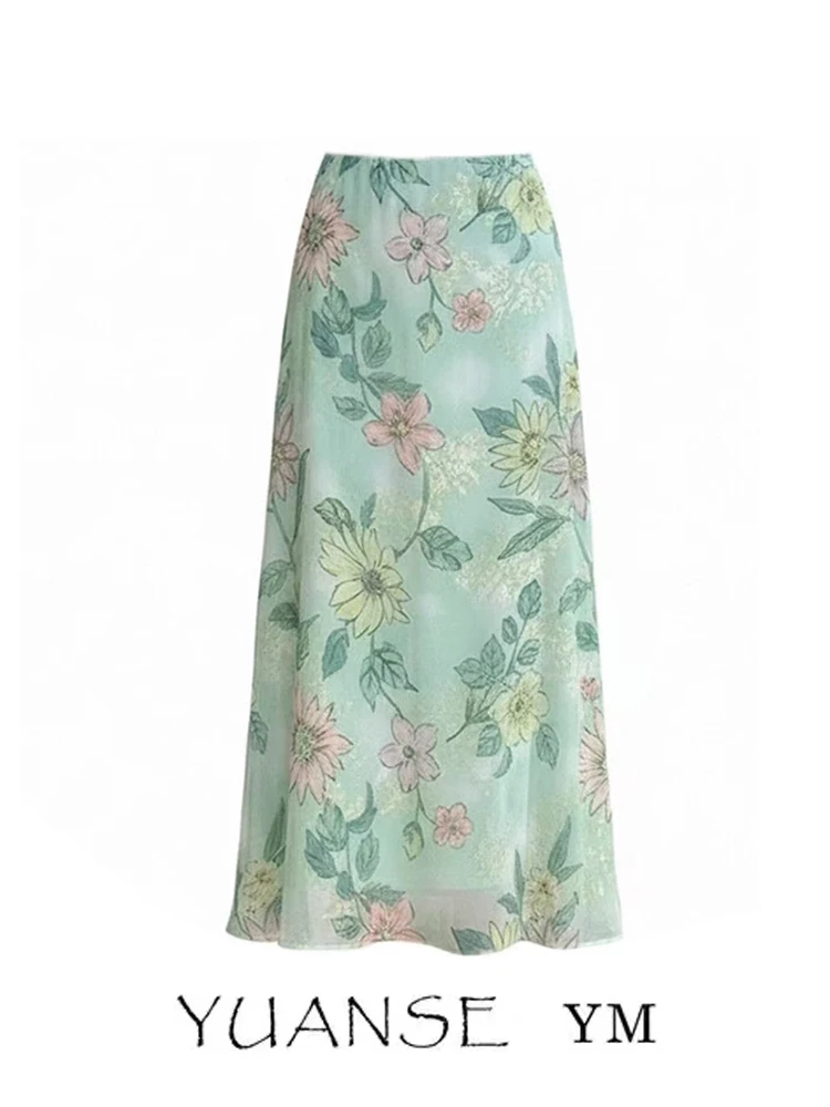 

Spring And Landscape Holiday Style Green Print A-Line Midi Skirt Women's Summer Forest System Slimming Oil Painting Skirts