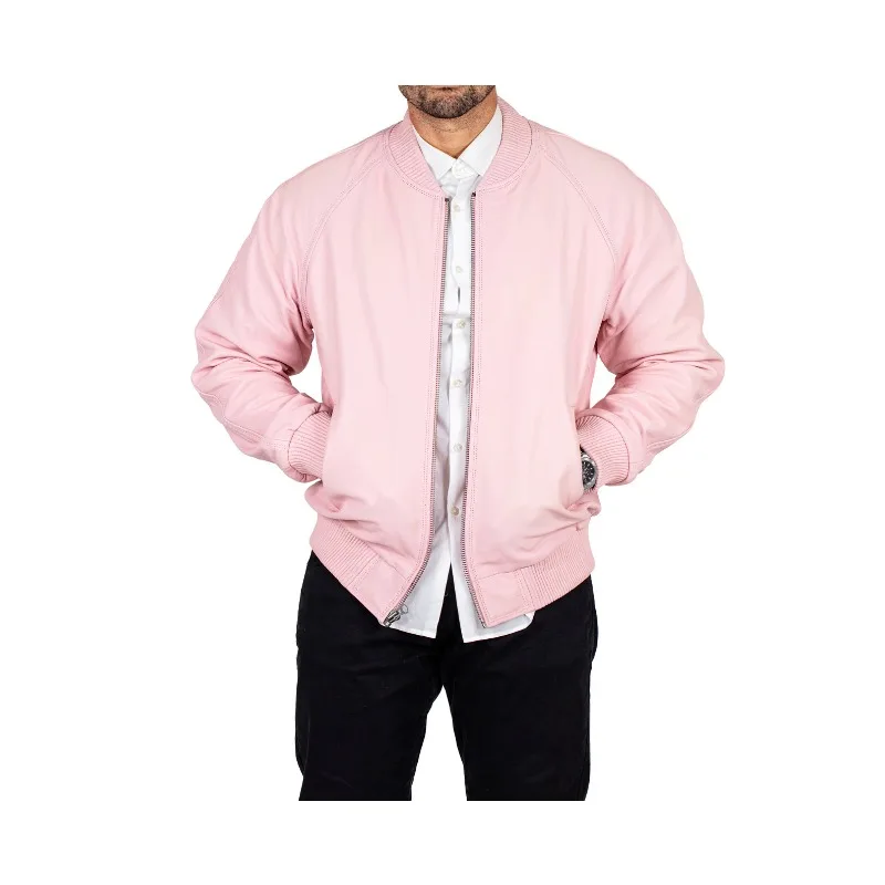 

Men's Light/Baby Pink Leather Bomber Jacket 100% Real Soft Lambskin Biker Jacket