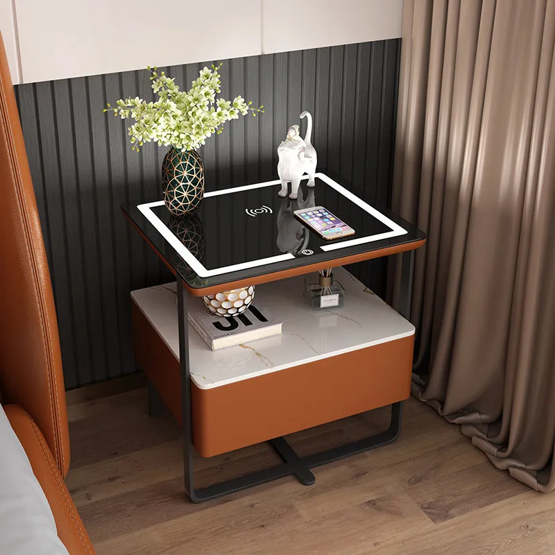 Wooden Bedside Table Nordic Minimalist Smart Side Table Wireless Charging Station Panel Design Glass Top Bedroom Furniture