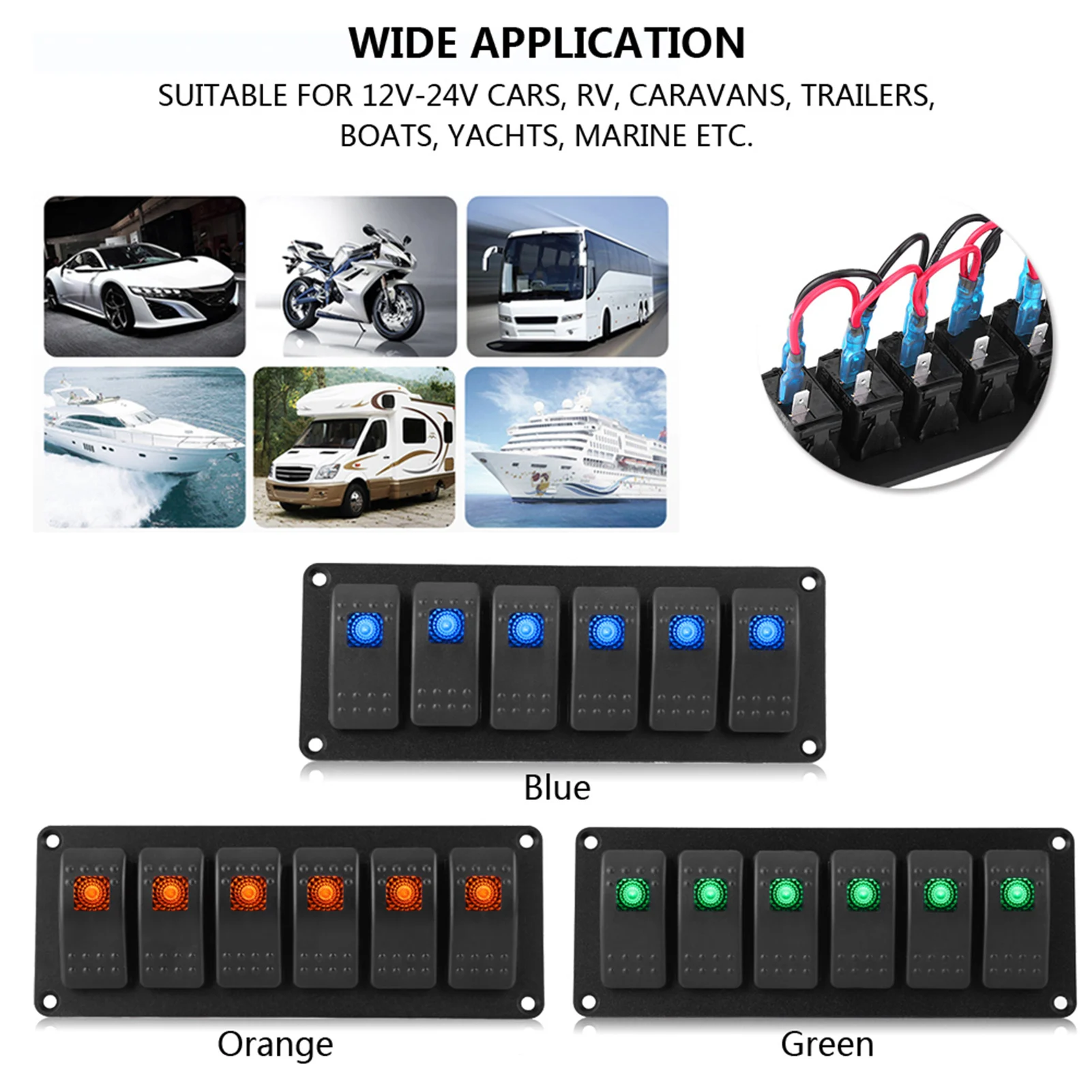 12-24V 보트용 6갱 로커 스위치 패널 LED 단일 조명 스위치 자동차 RV 보트 요트 해양 액세서리용 범용