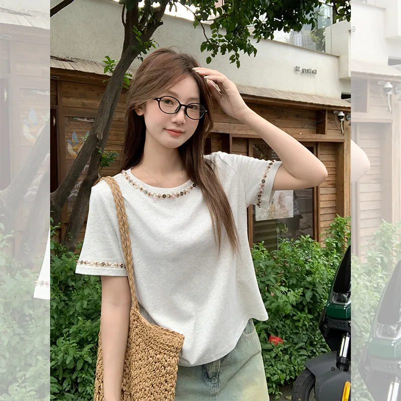 Korean Style Unique Beaded Design Niche Right Shoulder Short Sleeve Round Neck T-Shirt for Women Summer Beautiful New Unique