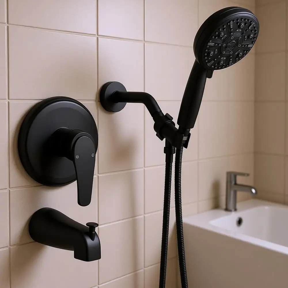 

Комплект смесителей для ванны и душа с ручным душем на 10 режимов, матовый черный набор для душа и ручного смесителя, душевая система с изливом для ванны, 4,7 дюйма S