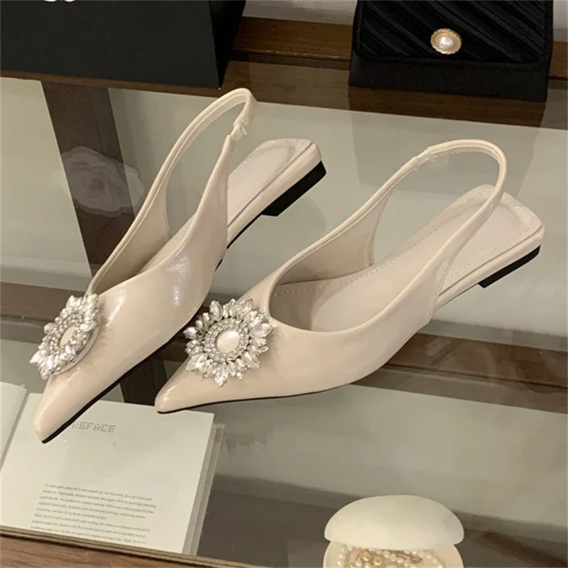 Women's Pointed Toe Rhinestone Pearl Embellished Slingback Flat Pumps,Elegant Luxury Wedding Evening Party Footwear,DropShipping