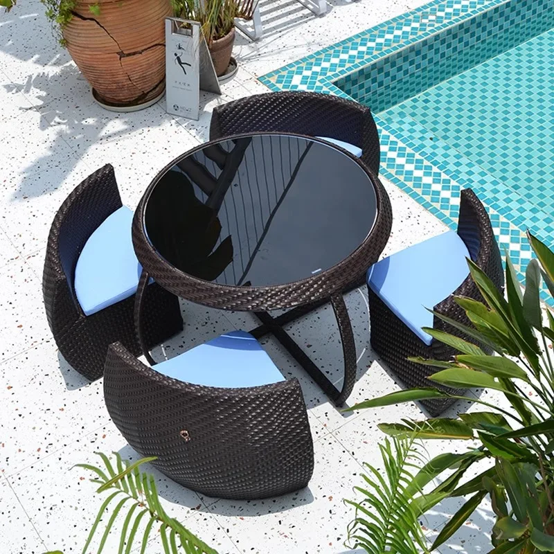 Outdoor tables, chairs, and courtyard combinations of rattan weaving, leisure outdoor sun protection