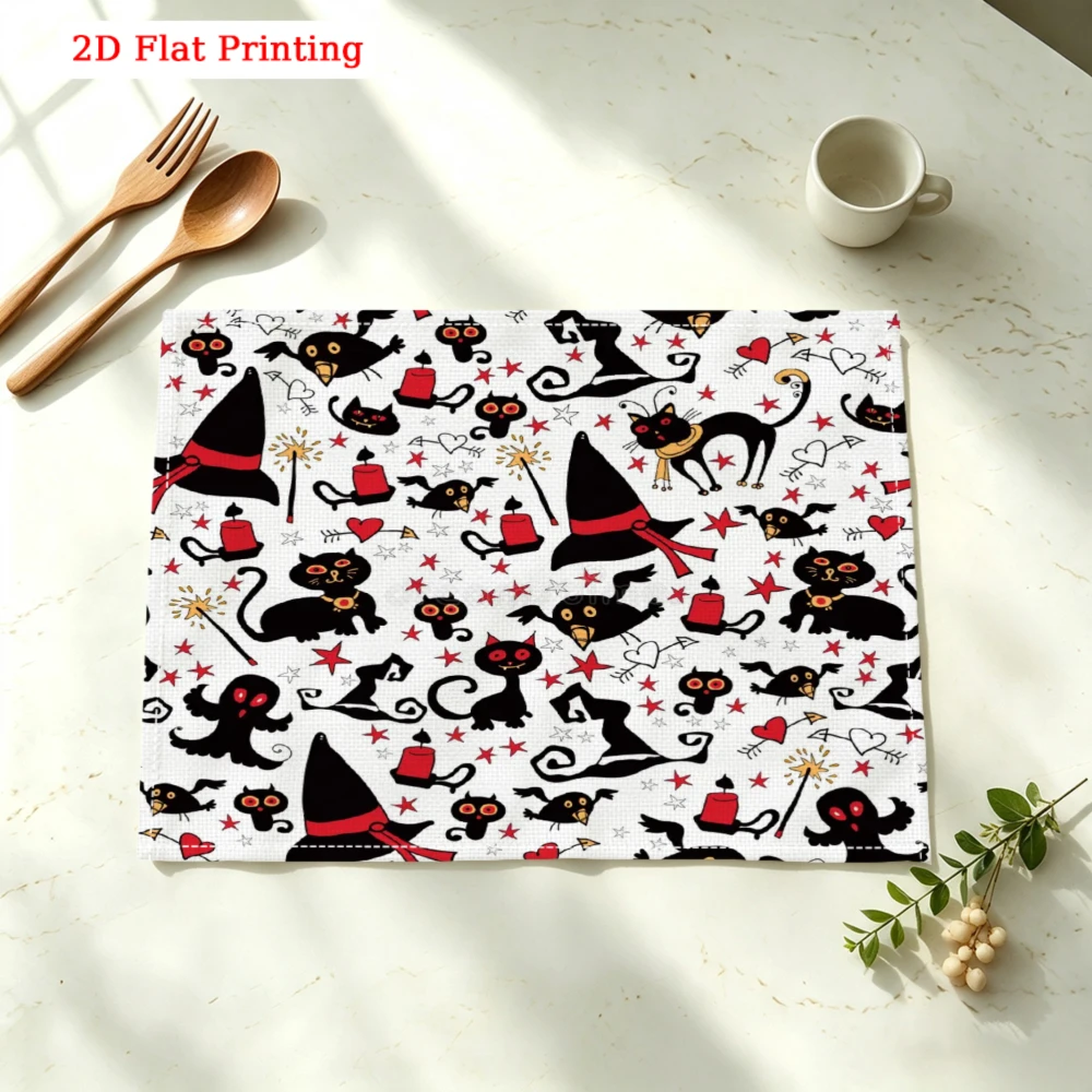 1pc Halloween Black Cat Placemat White Witch Hat Print Table Mat Kitchen Dining Decor Non Slip Heat Resistant 30x40cm