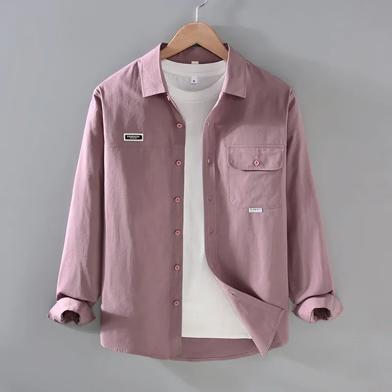 

Korean Style Cargo Shirt Men Spring New Long Sleeve Red Shirts Pocket Pure Cotton Button Up Shirt Casual Tops Comfort Clothing