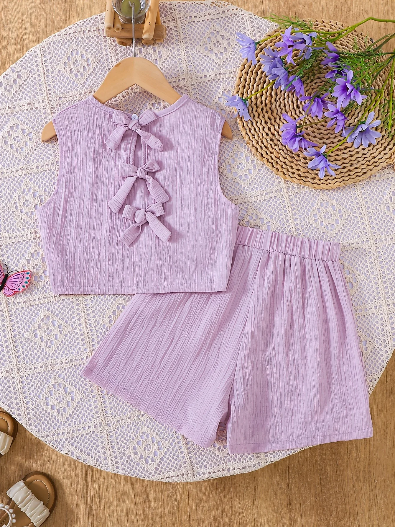 Kids Girls 2-Piece Summer Casual Set, Lavender Crinkle Texture Sleeveless Tank Top With Back 3 Bow Cutout Design & Elastic Waist