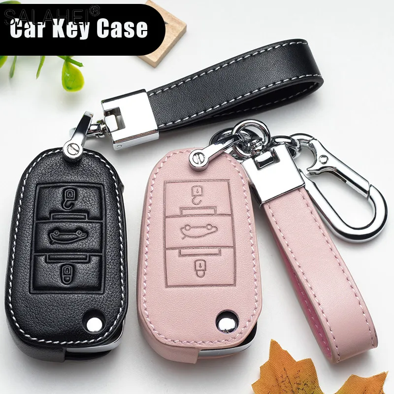 Leather Car Key Case Cover For Peugeot 107 207 208 301 307 308 407 408 508 607 2008 3008 4008 5008 Citroen C1 C2 C3 C4 C5 C6 DS4