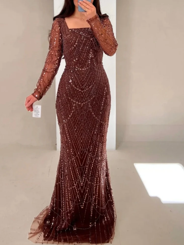 

A2242 Elegant Long Sleeve Wedding Guest Party Dress Women Saure Neck Pearls Mermaid Formal Evneing Wear Vestido Prom Customized
