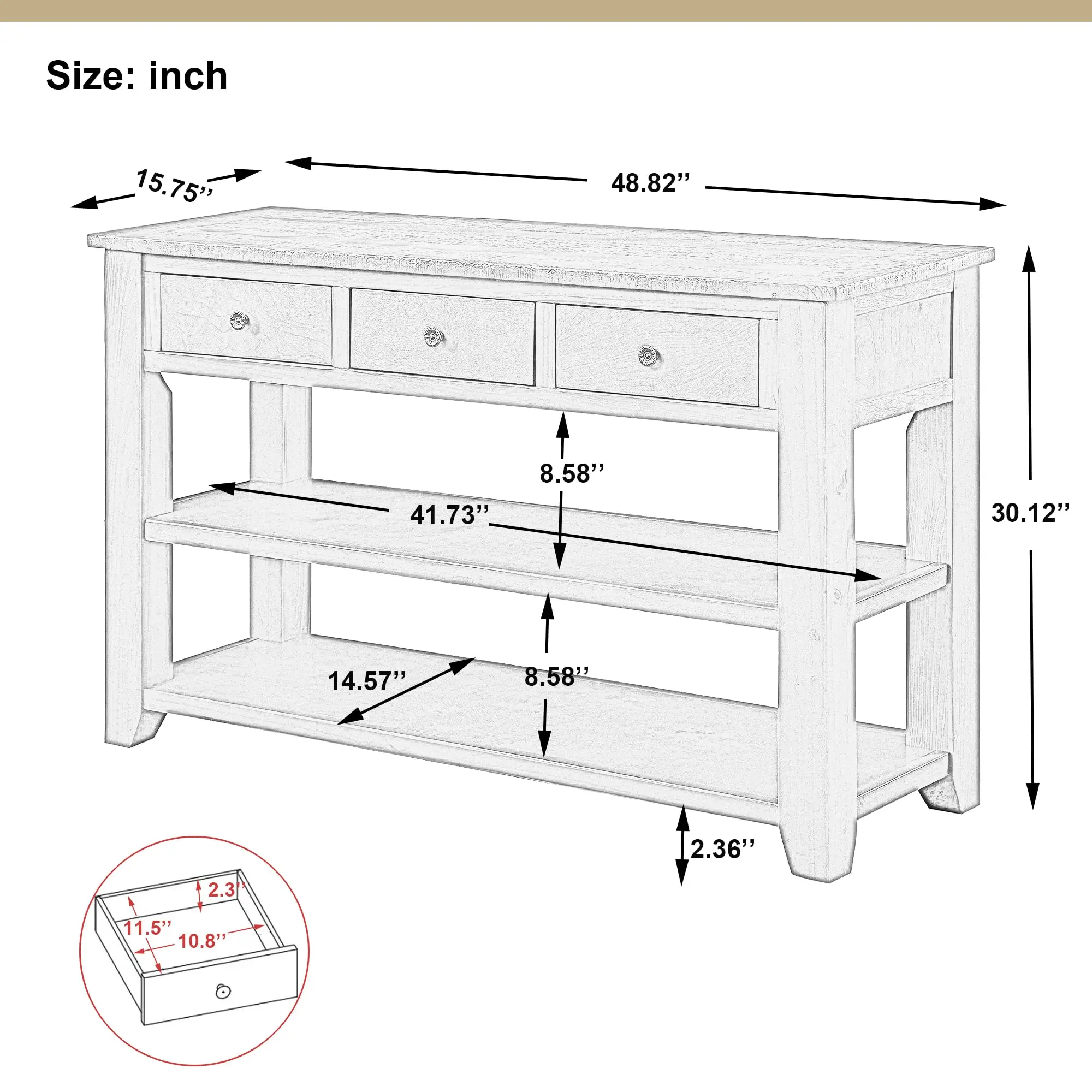 Modern Farmhouse Entryway Console Table 48 Inch Wood Sofa Table with 3 Drawers & 2-Tier Storage Shelves for Living