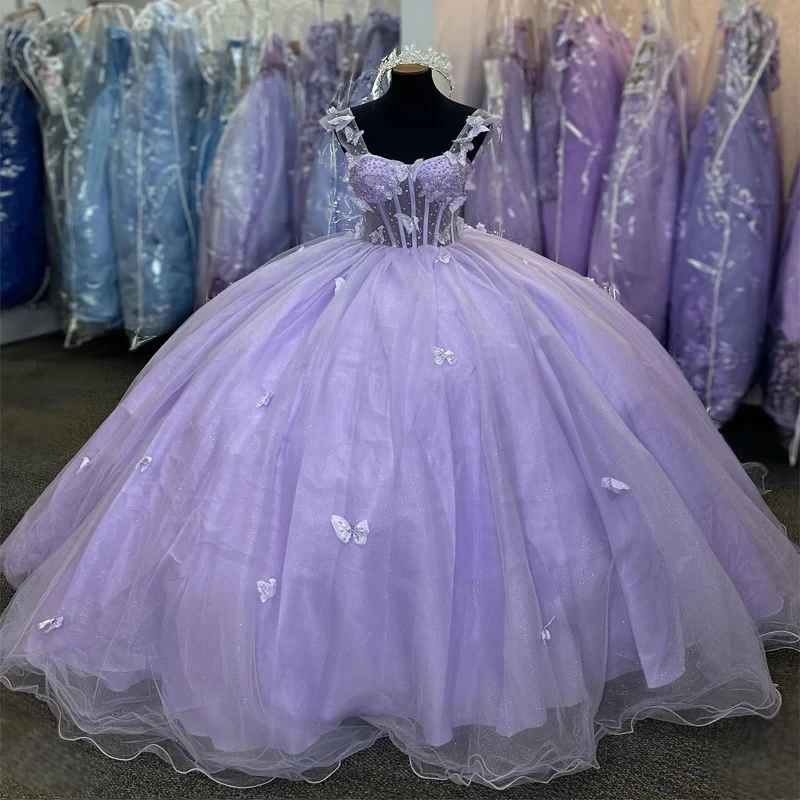 

Лавандовое платье Quinceanera, 2025 г., милое платье без рукавов для девочек 15–16 лет, тюлевое платье с бантом на день рождения, Vestidos De Fiestaday, пышное платье принцессы