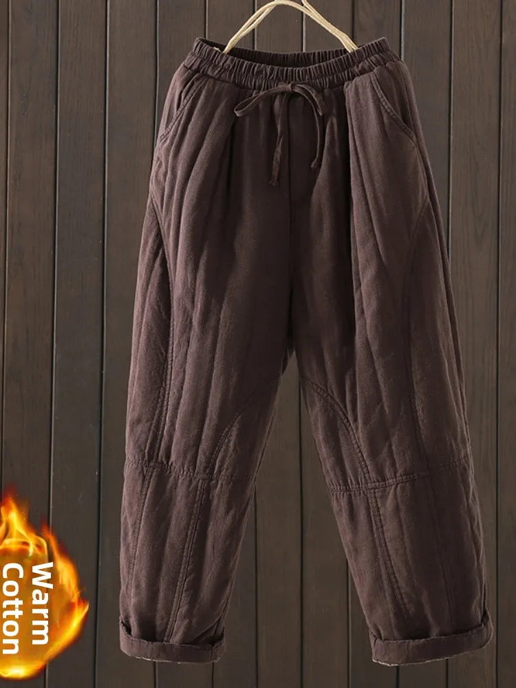レトロな綿麻ハーランパンツ女性の冬暖かい Dstring 弾性ウエストスリムフィットパンツアウターウェア