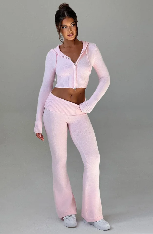 الموضة العصرية محبوك 2 قطعة مجموعات المرأة ضئيلة قصيرة مقنعين سترة بنطلون قطعتين مجموعة الشارع الشهير سيدة التنقل الملابس