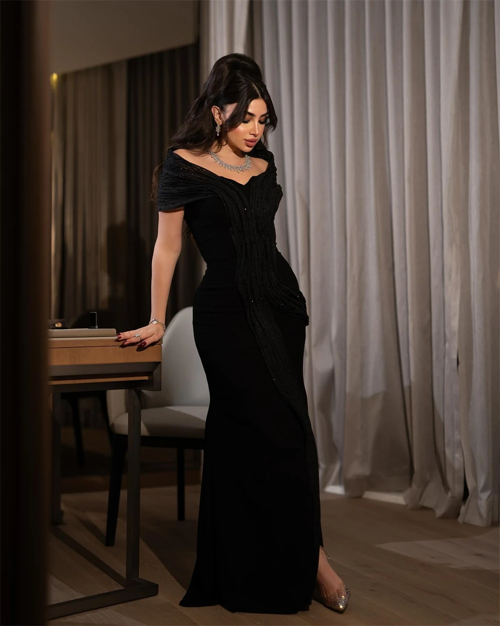 Customized Classic Black Jersey Evening Dress Classic V-Neck Off the Shoulder Party Dress Soft Mermaid Sweep Train Prom Dresses