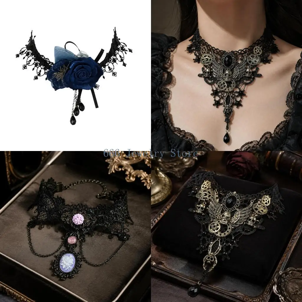 F2TD Predominantly Black Gothic Necklace, Electroplated Alloy Neckwear Designed for Dark Outfit Styling at the Neckline