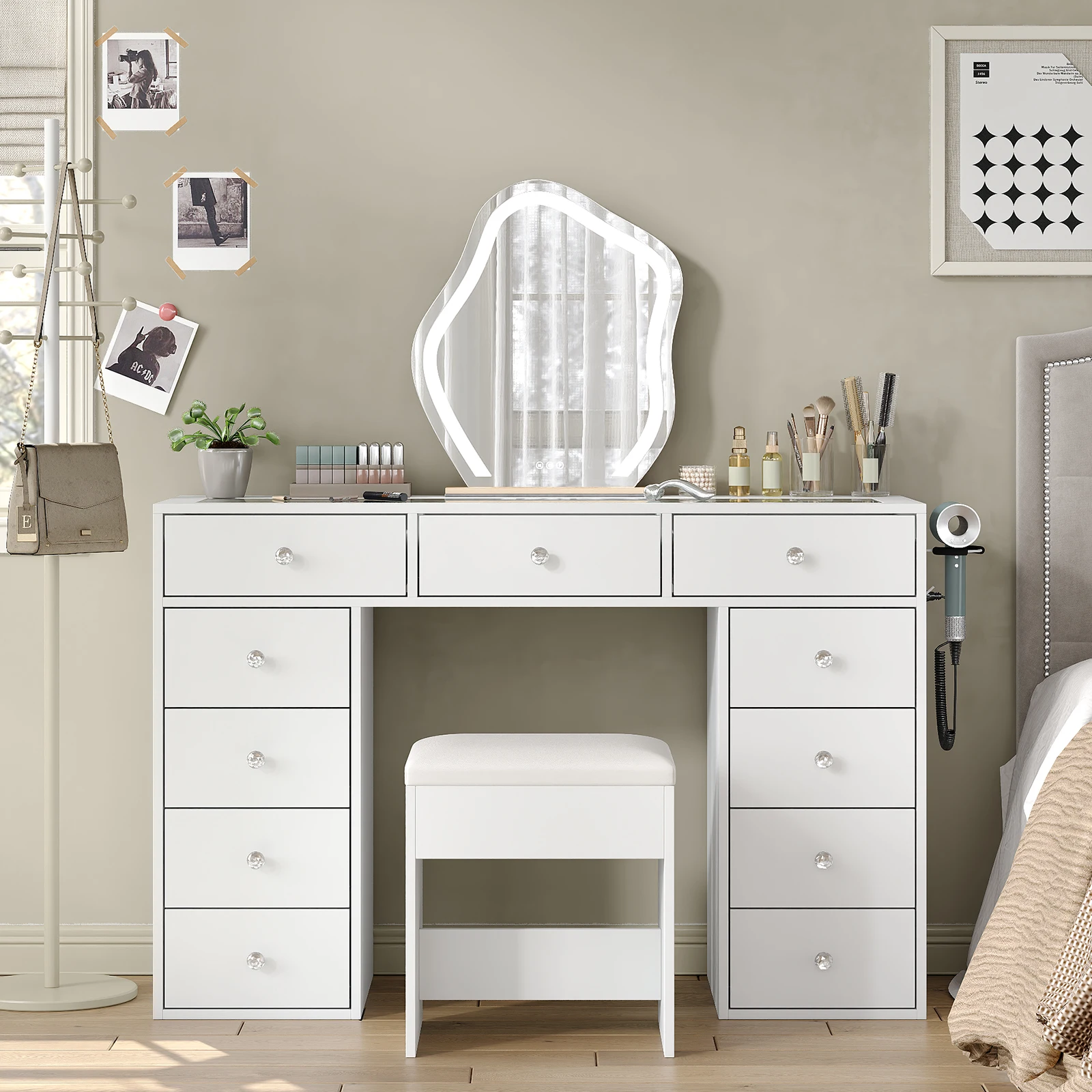 White 11-Drawer Makeup Vanity Desk with Tempered Glass Top, Built-in Charging Station (2 AC Outlets, 2 USB Ports & Hair Dryer Holder), Multi-Purpose Vanity Table for Home Office Study, Padded Stool Included, Easy Assembly for Bedroom Apartments