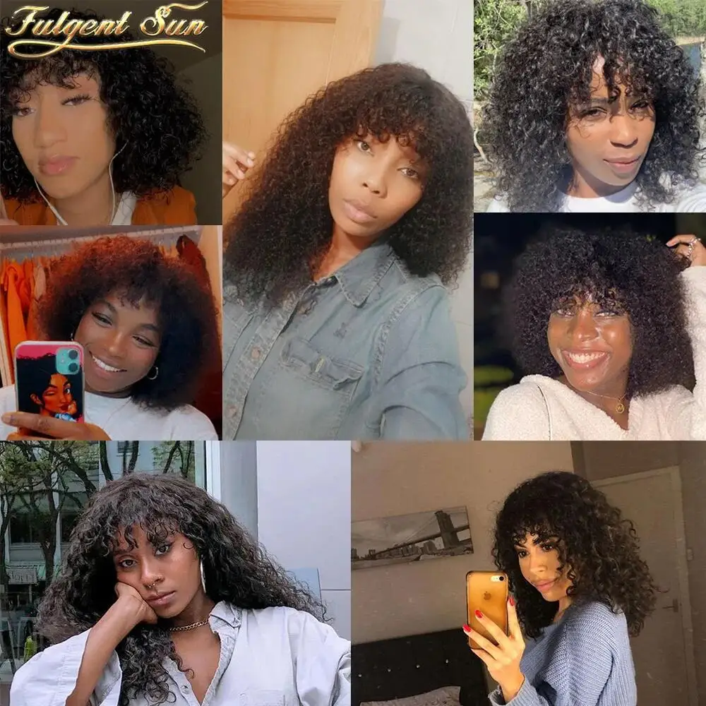 Kinky Curly Wig With Bangs Remy Brazilian Hair Full Machine Made Wigs Natural Color 10-30 Inch Curly Fringe Human Hair Wig