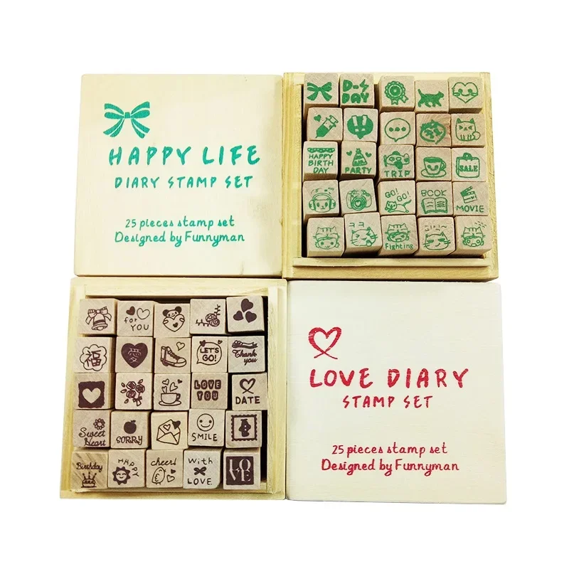 25 Pcs/set Kawaii Diary stamp set Green Red Word DIY Wooden stamp Funny work office school supplies