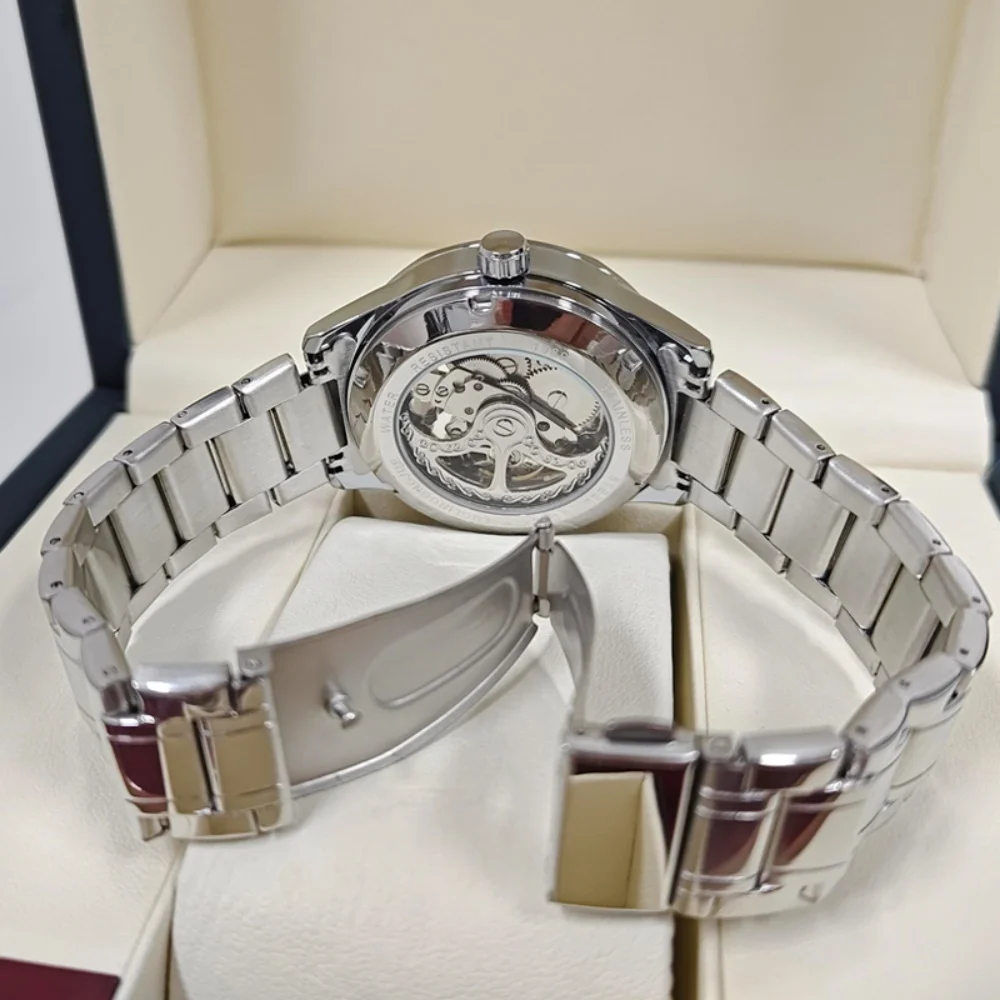 Light Luxury Fully Automatic Skeleton Mechanical Watch for Men, Classic Waterproof Steel Band with Visible Movement, High Aesthetic Value, Business Casual Versatile Gift Watch for Men