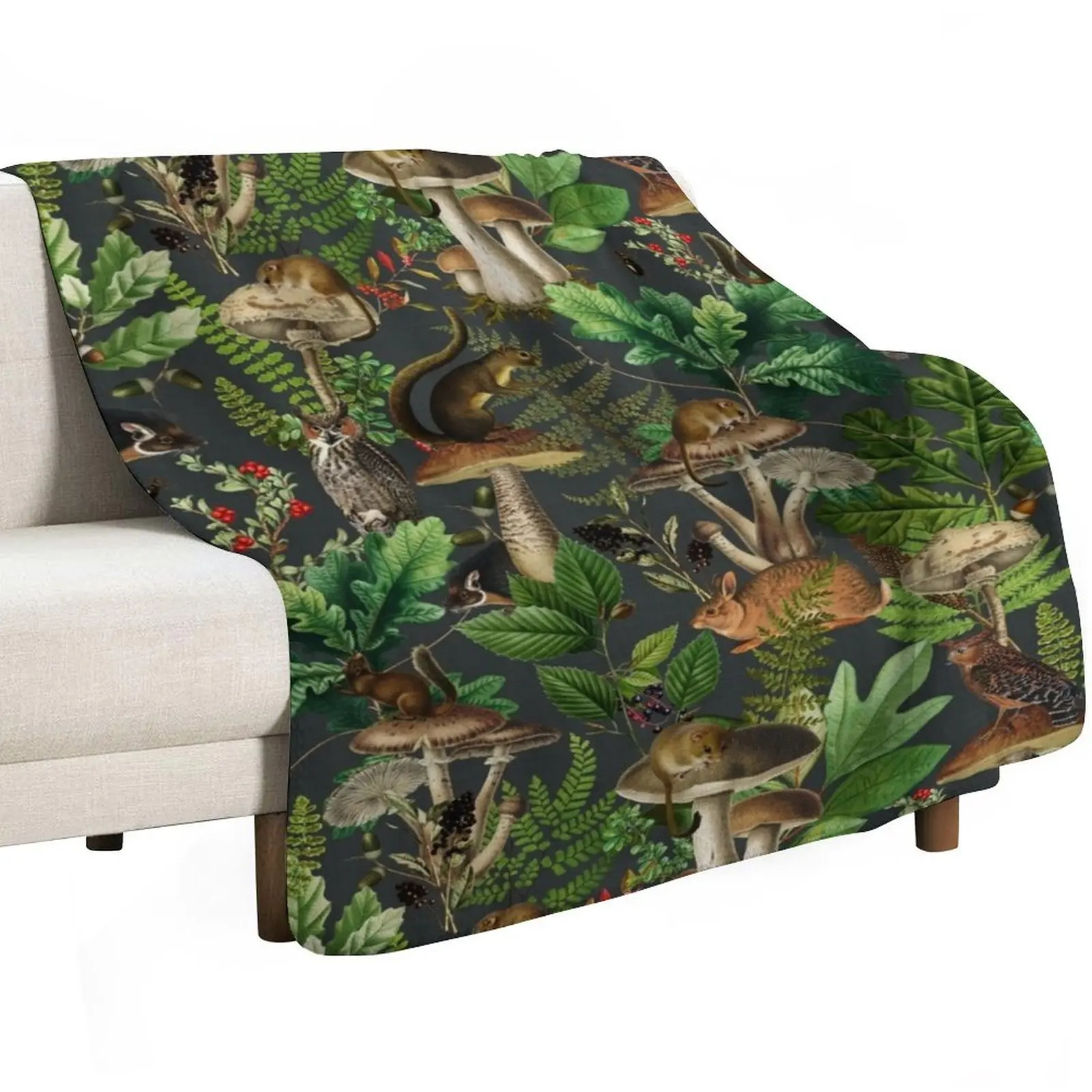 Woodland Fairytale- Mushrooms And Wild Animals In Forest - Vintage Botanical Night Garden Pattern Throw Blanket