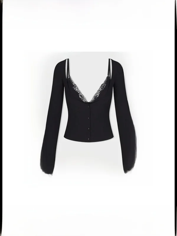 

Bla Lace Long Sve Crop Top And Vest Set Sexy Sweet Sle Women's Faion Breathable Skin-friendly V-ne Button Closure