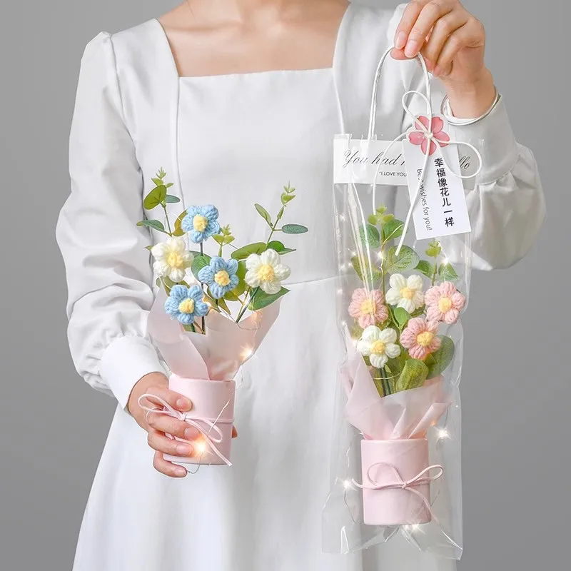 Buquê de Flores Artificiais de Lã LED 5 Puff Bucket com Saco de Presente – Melhor Presente para o Dia das Mães e Dia dos Namorados
